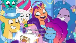 Size: 3072x1727 | Tagged: safe, derpibooru import, screencap, hitch trailblazer, izzy moonbow, pipp petals, sparky sparkeroni, sunny starscout, zipp storm, dragon, earth pony, pegasus, pony, unicorn, g5, my little pony: tell your tale, spoiler:g5, spoiler:my little pony: tell your tale, spoiler:tyts01e68, applejack (g5), baby, baby dragon, clothes, crystal ball (episode), cute, dress, eyes closed, female, fluttershy (g5), grin, image, izzybetes, jpeg, male, mane five, mane six (g5), mare, misty brightdawn, mistybetes, mobile phone, one eye closed, open mouth, open smile, papa hitch, phone, pinkie pie (g5), rainbow dash (g5), rarity (g5), rebirth misty, royal sisters (g5), selfie, siblings, sisters, smartphone, smiling, stallion, twilight sparkle (g5), wink