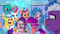 Size: 3072x1727 | Tagged: safe, derpibooru import, screencap, hitch trailblazer, izzy moonbow, pipp petals, sparky sparkeroni, sunny starscout, zipp storm, dragon, earth pony, pegasus, pony, unicorn, g5, my little pony: tell your tale, spoiler:g5, spoiler:my little pony: tell your tale, spoiler:tyts01e68, applejack (g5), baby, baby dragon, clothes, crystal ball (episode), dress, female, fluttershy (g5), image, jpeg, male, mane five, mane six (g5), mare, misty brightdawn, mobile phone, open mouth, open smile, papa hitch, phone, pinkie pie (g5), rainbow dash (g5), rarity (g5), rebirth misty, royal sisters (g5), siblings, sisters, smartphone, smiling, stallion, starry eyes, twilight sparkle (g5), violet frost, wingding eyes