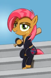 Size: 278x424 | Tagged: safe, artist:truthormare, ponerpics import, babs seed, pony, baseball bat, clothes, confederate flag, eyeshadow, female, filly, freckles, image, jacket, leather jacket, leather pants, looking at you, makeup, pants, png, simple background, sitting, smiling at you, solo