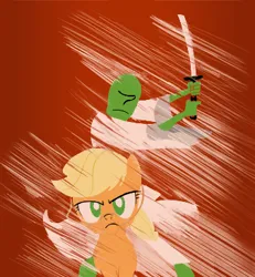 Size: 337x364 | Tagged: safe, artist:truthormare, ponerpics import, applejack, oc, oc:anon, ponified, earth pony, human, pony, clothes, cosplay, costume, crossover, duo, female, human and pony, image, katana, kimono (clothing), male, mare, png, samurai jack, simple background, sword, weapon