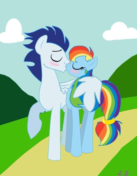 Size: 468x600 | Tagged: safe, ponerpics import, ponybooru import, rainbow dash, soarin', pegasus, pony, female, image, jpeg, kiss on the lips, kissing, male, mare, shipping, soarindash, stallion, straight