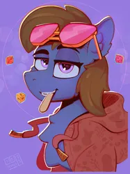 Size: 2048x2732 | Tagged: safe, artist:pedalspony, derpibooru import, oc, oc:ad, earth pony, pony, biting, bust, clothes, dice, eyebrows, eyeliner, food, grin, hoodie, image, lidded eyes, looking at you, makeup, png, popsicle, raised eyebrow, smiling, solo, sunglasses, sunglasses on head, teeth
