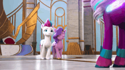Size: 1067x600 | Tagged: safe, derpibooru import, screencap, pipp petals, zipp storm, alicorn, pegasus, pony, g5, my little pony: make your mark, spoiler:g5, spoiler:my little pony: make your mark, spoiler:my little pony: make your mark chapter 6, spoiler:mymc06e03, animated, female, gif, glow, glowing wings, guardsmare, image, male, mare, my little pony: make your mark chapter 6, opaline arcana, pegasus royal guard, protecting, roots of all evil, royal guard, royal sisters (g5), siblings, sisters, spread wings, stallion, throne room, thunder flap, wings, zephyr heights, zoom zephyrwing