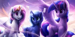 Size: 2160x1080 | Tagged: safe, artist:camyllea, derpibooru import, princess celestia, princess luna, twilight sparkle, twilight sparkle (alicorn), alicorn, pony, image, magic, pink-mane celestia, png, s1 luna