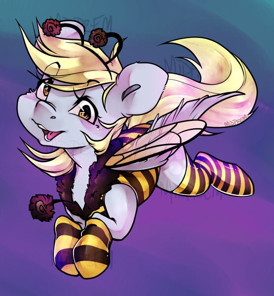 Size: 3791x4096 | Tagged: safe, artist:midnightpremiere, derpibooru import, derpy hooves, pegasus, pony, abstract background, animal costume, bee costume, clothes, commission, costume, cute, derpabetes, eye clipping through hair, eyebrows, eyebrows visible through hair, female, image, jpeg, mare, open mouth, open smile, smiling, solo