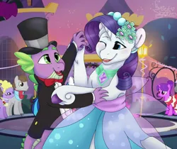 Size: 2338x1968 | Tagged: safe, artist:frostedsketch13, derpibooru import, rarity, spike, dragon, pony, unicorn, a canterlot wedding, bridesmaid, bridesmaid dress, bridesmaid rarity, clothes, dancing, dress, female, hat, holding hoof, image, male, mare, one eye closed, open mouth, open smile, png, shipping, smiling, sparity, straight, suit, top hat, waltz