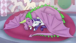 Size: 1280x732 | Tagged: safe, artist:frostedsketch13, derpibooru import, rarity, spike, dragon, pony, unicorn, carousel boutique, female, floppy ears, image, jpeg, male, mare, married couple, older, older spike, rarity's room, shipping, sleeping, sleeping together, sparity, story included, straight, winged spike, wings
