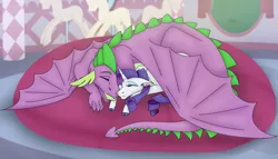 Size: 3901x2229 | Tagged: safe, artist:frostedsketch13, derpibooru import, rarity, spike, dragon, pony, unicorn, adult, adult spike, eyes closed, female, image, long description, male, older, older spike, png, shipping, sleeping, sparity, straight