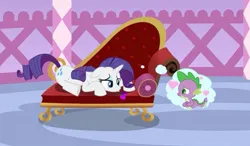 Size: 585x341 | Tagged: safe, artist:krieger11, derpibooru import, rarity, spike, dragon, pony, unicorn, fanfic, fanfic:dilemma, carousel boutique, couch, fanfic art, fanfic cover, female, heart, image, jpeg, male, mare, shipping, sparity, story in the source, straight, thinking