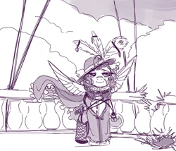 Size: 1000x855 | Tagged: safe, artist:shouldbedrawing, derpibooru import, oc, unofficial characters only, pegasus, pony, bottle, female, hat, image, lidded eyes, mare, monochrome, peacock feathers, png, potion, solo, spread wings, sword, weapon, wings