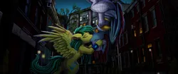 Size: 4560x1924 | Tagged: safe, artist:pridark, derpibooru import, oc, unofficial characters only, bat pony, pegasus, pony, alley, building, city, eyes closed, female, fluffy, image, kissing, mare, marvel, night, png, spider-man, upside down, wings