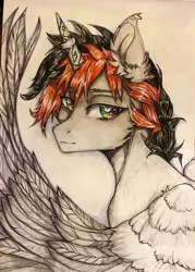 Size: 2682x3749 | Tagged: safe, artist:hysteriana, derpibooru import, oc, oc:scroll notice, oc:svetomech, alicorn, pony, colored, detailed, ear fluff, eyebrows, eyelashes, feather, feathered wings, full color, gift art, gray coat, green eyes, halfbody, horn, horn ring, image, jewelry, jpeg, male, male alicorn, ring, shiny, simple background, solo, spread wings, stallion, traditional art, white background, wings