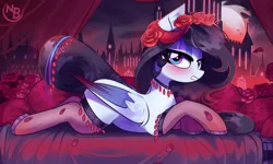 Size: 4156x2489 | Tagged: safe, artist:nevobaster, derpibooru import, oc, oc:marshmallow ghost, pegasus, pony, bedroom eyes, castle, clothes, female, flower, horn, image, jewelry, lidded eyes, lingerie, looking at you, lying down, moon, night, pillow, png, rose, socks, stockings, thigh highs, wings