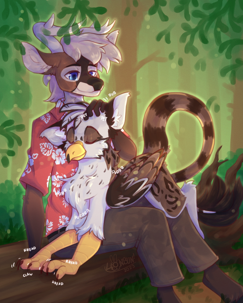 Size: 2000x2500 | Tagged: safe, artist:lionbun, derpibooru import, oc, oc:ospreay, anthro, gryphon, anthro oc, anthro with ponies, commission, cute, eared griffon, forest, furry, furry oc, griffon oc, head pat, image, nature, pat, petting, png, purring, stag, tree