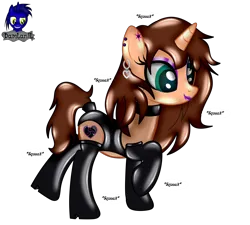 Size: 4608x4154 | Tagged: safe, artist:damlanil, derpibooru import, oc, oc:chloe adore, oc:ferb fletcher, pegasus, pony, unicorn, bdsm, bodysuit, bondage, boots, bound wings, clothes, collar, commission, costume, disguise, dominant, duo, encasement, eyeshadow, female, gloves, high heel boots, high heels, horn, image, latex, latex boots, latex gloves, latex socks, latex suit, leotard, lipstick, living clothes, living latex, living suit, makeup, male, mare, mask, masking, onomatopoeia, png, ponysuit, raised hoof, rubber, rubber suit, shiny, shoes, show accurate, simple background, skintight clothes, socks, stallion, suit, transparent background, trapped, vector, wings