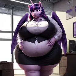 Size: 948x951 | Tagged: safe, ai content, derpibooru import, machine learning generated, stable diffusion, twilight sparkle, twilight sparkle (alicorn), alicorn, anthro, bbw, belly, big belly, breasts, busty twilight sparkle, button-up shirt, clothes, derpibooru exclusive, fat, female, g4, image, obese, office, png, prompter:professordoctorc, shirt, skirt, solo, solo female, ssbbw, thighs, thunder thighs, twilard sparkle, vest