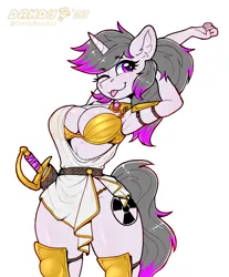 Size: 1884x2280 | Tagged: safe, artist:dandy, derpibooru import, oc, oc:hazel radiate, unofficial characters only, anthro, unicorn, absolute cleavage, armor, belt, blushing, bra, breasts, cleavage, clothes, commission, ear fluff, eyebrows, eyebrows visible through hair, female, gold, horn, image, looking at you, one eye closed, panties, png, simple background, solo, solo female, stretching, sword, toga, tongue out, unconvincing armor, underwear, unicorn oc, weapon, white background, wink