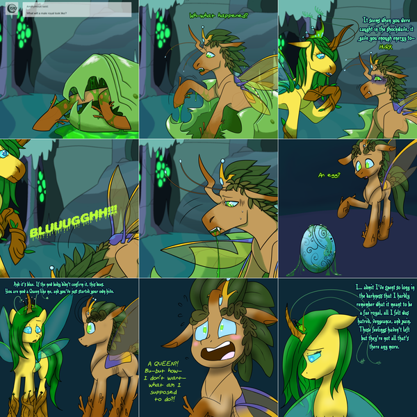 Size: 2254x2254 | Tagged: safe, artist:asksweetdisaster, artist:voidskele, derpibooru import, queen chrysalis, oc, oc:tantamount, changedling, changeling, lovestruck derpy, egg, image, png, purified chrysalis, tantamount time turner, vomit, vomiting