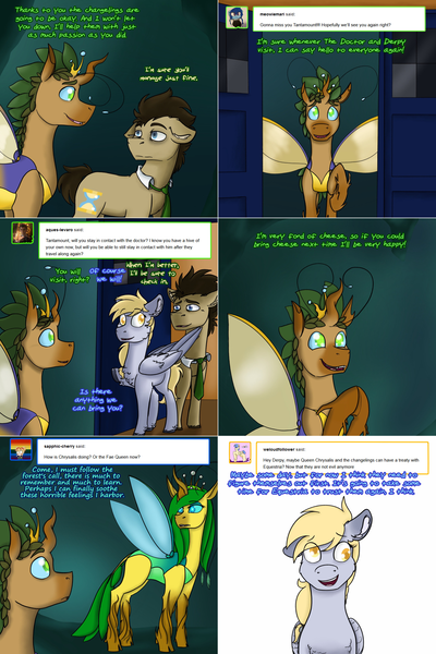 Size: 1502x2254 | Tagged: safe, artist:do-not-go-gently-42, derpibooru import, derpy hooves, doctor whooves, queen chrysalis, time turner, oc, oc:tantamount, changedling, changeling, pony, lovestruck derpy, doctor who, image, png, purified chrysalis, tantamount time turner, tardis