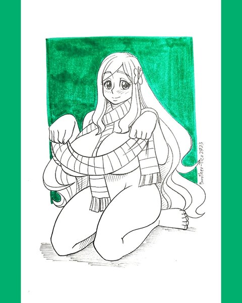 Size: 1080x1350 | Tagged: suggestive, artist:brother-tico, derpibooru import, fluttershy, human, big breasts, blushing, breasts, busty fluttershy, clothes, female, huevember, huge breasts, humanized, image, jpeg, kneeling, nudity, scarf, smiling, solo, solo female, strategically covered, traditional art