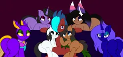 Size: 4020x1880 | Tagged: suggestive, artist:the lunar archer, derpibooru import, oc, oc:alexus nictivia, oc:candlelight, oc:lavender serenade, oc:red arrow, oc:shouka, oc:spiri, unofficial characters only, changeling, pony, unicorn, bedroom eyes, butt, changeling oc, female, group, harem, huge butt, image, large butt, lidded eyes, looking at you, lucky bastard, male, mare, plot, png, simple background, smiling, stallion, sultry pose