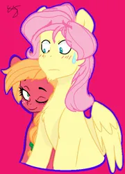 Size: 485x675 | Tagged: safe, artist:pandaspiner, artist:party_like_its_2011, derpibooru import, big macintosh, fluttershy, earth pony, pegasus, pony, base used, blushing, butterscotch, chest fluff, derpibooru exclusive, female, fluttermac, freckles, g4, height difference, image, looking at each other, looking at someone, macareina, magenta background, male, mare, one eye closed, outline, png, rule 63, ship:butterreina, shipping, smiling, smiling at each other, stallion, straight, sweat, sweatdrop, wink