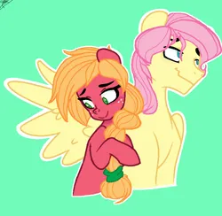 Size: 772x754 | Tagged: safe, artist:pandaspiner, artist:party_like_its_2011, derpibooru import, big macintosh, fluttershy, earth pony, pegasus, pony, base used, butterscotch, derpibooru exclusive, embarrassed, female, fluttermac, freckles, g4, green background, height difference, image, looking away, macareina, male, mare, one wing out, outline, png, rule 63, ship:butterreina, shipping, simple background, smiling, stallion, straight, wings