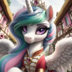 Size: 1024x1024 | Tagged: safe, ai content, machine learning generated, ponerpics import, ponybooru import, princess celestia, alicorn, pony, alternate accessories, bing, clothes, female, image, jewelry, jpeg, leg fluff, lidded eyes, looking at you, mare, ponyville, solo, uniform, wing fluff