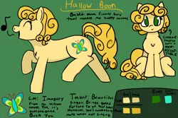 Size: 1800x1200 | Tagged: safe, artist:allhallowsboon, derpibooru import, oc, oc:hallow boon, ponified, unofficial characters only, earth pony, pony, 2022, dock, earth pony oc, female, green eyes, hallow moon, image, png, reference sheet, simple background, singing, sitting, tail, text, yellow coat, yellow mane