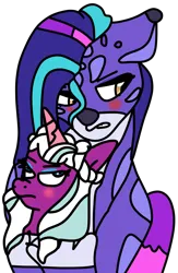Size: 650x1000 | Tagged: safe, artist:jadeharmony, derpibooru import, alicorn, big cat, leopard, pony, snow leopard, g5, allura, aq bars, blushing, duo, eyeshadow, female, gritted teeth, hug, image, lesbian, looking away, makeup, mare, markings, opaline arcana, png, ship:opallura, shipping, simple background, size difference, teeth, transparent background, tsundere