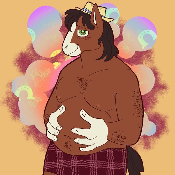 Size: 900x900 | Tagged: suggestive, artist:vintagebenz, derpibooru import, trouble shoes, anthro, earth pony, bhm, body hair, chubby, cowboy hat, fat, hands on belly, hat, image, jpeg, looking at you, solo