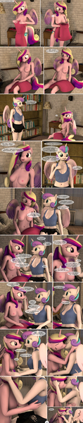 Size: 1440x7350 | Tagged: questionable, artist:spud, derpibooru import, princess cadance, princess flurry heart, alicorn, anthro, comic:caught, 3d, angry, beanbag chair, bed, bedroom, black panties, black underwear, blushing, book, breasts, caught, clothes, comic, conversation, female, females only, flurrydance, g4, hand kiss, happy, holding, image, incest, infidelity, jpeg, kiss on the lips, kissing, lesbian, looking at each other, looking at someone, looking down, mother and child, mother and daughter, nipples, nudity, on bed, panties, partial nudity, picture frame, shipping, sitting, sitting on bed, smiling, source filmmaker, speech bubble, standing, surprised, talking, topless, underwear, undressing