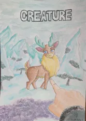 Size: 852x1200 | Tagged: safe, derpibooru import, velvet reindeer, deer, human, them's fightin' herds, + artist:bruttas46, /mlp/, 4chan, clothes, community related, creature, drawthread, female, forest, image, jpeg, meme, mountain, nature, photo, pointing, smug, snow, traditional art, tree, watercolor painting