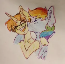 Size: 720x713 | Tagged: safe, derpibooru import, rainbow dash, oc, oc:merille artienda, pegasus, pony, unicorn, canon x oc, doodle, duo, female, glasses, image, jpeg, lesbian, lesbian couple, mare, multicolored hair, nonbinary, orange mane, rainbow hair, ship:merilledash, short mane, traditional art