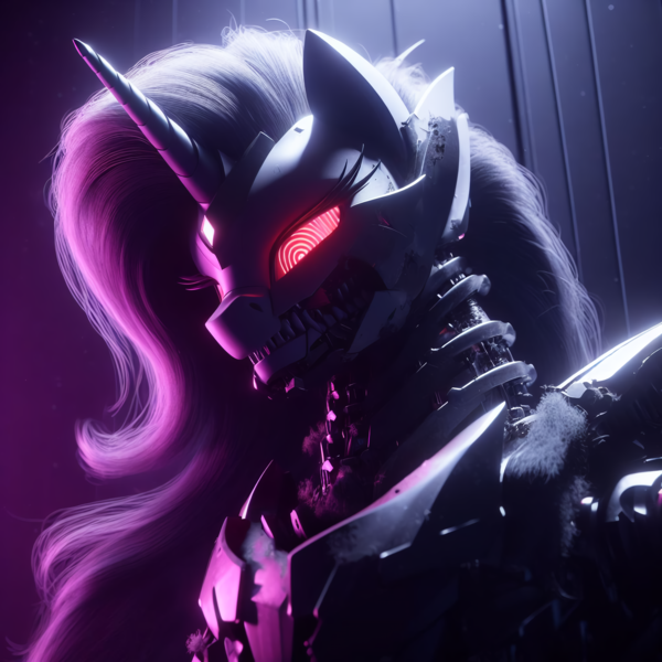 Size: 4096x4096 | Tagged: safe, ai content, derpibooru import, machine learning generated, neon lights, princess celestia, rising star, alicorn, anthro, cyber pony, cyborg, robot, armor, cyberpunk 2077, ears up, female, future, futuristic, g4, generator:dall-e 3, image, neon, png, prompter:rektpay, red eyes, roboticization, simple background, smiling, solo