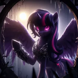 Size: 4096x4096 | Tagged: safe, ai content, derpibooru import, machine learning generated, twilight sparkle, twilight sparkle (alicorn), alicorn, pony, angry, broken mirror, ears up, female, g4, generator:dall-e 3, image, light, mare, mirror, png, prompter:rektpay, raised hoof, solo, spread wings, wings