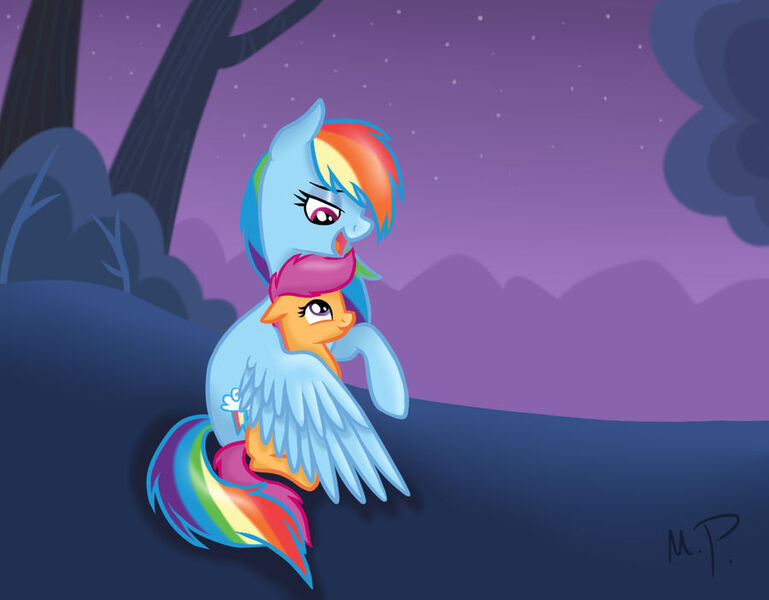 Size: 900x702 | Tagged: safe, artist:wolf-spirit99, derpibooru import, rainbow dash, scootaloo, pegasus, pony, sleepless in ponyville, cute, cutealoo, daaaaaaaaaaaw, dashabetes, duo, female, filly, foal, hug, image, jpeg, mare, night, scootalove, siblings, sisters, wholesome, winghug, wings