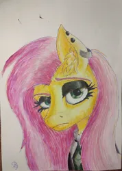 Size: 2568x3607 | Tagged: safe, artist:bruttas46, derpibooru import, fluttershy, pegasus, pony, fake it 'til you make it, black eyeshadow, bust, clothes, ear fluff, ear piercing, earring, eyebrows, eyeshadow, female, fluttergoth, g4, head tilt, image, jewelry, jpeg, looking at you, makeup, mare, markers, painting, photo, piercing, portrait, poster paint, raised eyebrow, traditional art, unamused