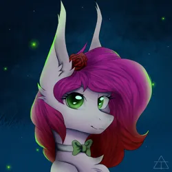 Size: 1768x1768 | Tagged: safe, artist:glotasha, derpibooru import, oc, oc:ellie berryheart, unofficial characters only, pegasus, pony, bowtie, bust, female, firefiles, flower, flower in hair, fluffy, g4, green eyes, image, long ears, looking at you, night, png, portrait, smiling, solo