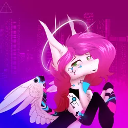 Size: 3104x3104 | Tagged: safe, artist:glotasha, derpibooru import, oc, oc:ellie berryheart, unofficial characters only, pegasus, pony, braid, cyberpunk, female, g4, green eyes, image, implants, long ears, looking at you, png, purple background, simple background, solo
