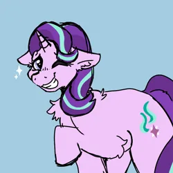 Size: 768x768 | Tagged: safe, artist:djdoublej, derpibooru import, starlight glimmer, pony, unicorn, chest fluff, ear fluff, elbow fluff, female, floppy ears, grin, image, looking at you, mare, one eye closed, png, raised hoof, simple background, smiling, solo, sparkles, standing, teal background, three quarter view, wink, winking at you
