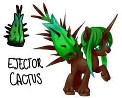 Size: 1089x878 | Tagged: safe, artist:wtfponytime, derpibooru import, ponified, original species, plant pony, pony, unicorn, cactus, crossover, deep rock galactic, ejector cacti, eyebrows, female, gradient hooves, image, mare, plant, plant tail, png, raised eyebrow, simple background, solo, unshorn fetlocks, white background