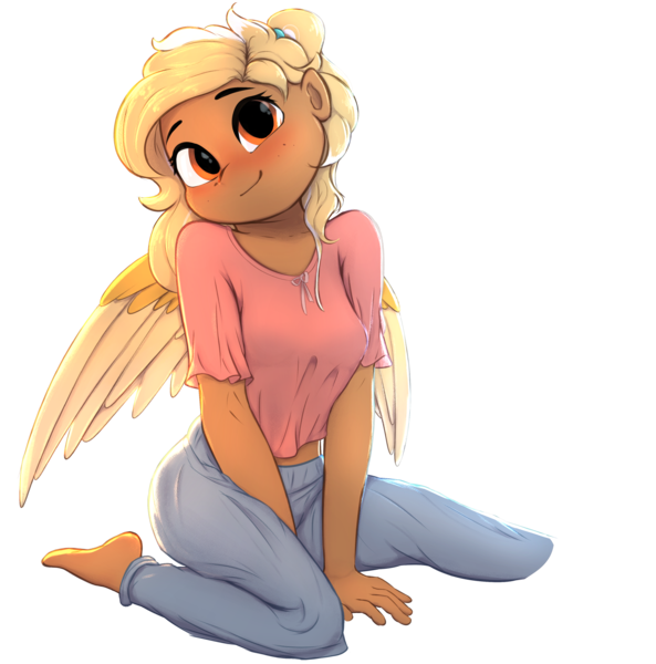 Size: 3351x3389 | Tagged: safe, artist:potato22, derpibooru import, oc, oc:mareota, unofficial characters only, anthro, pegasus, plantigrade anthro, pony, barefoot, blushing, breasts, clothes, complete nudity, denim, feet, female, high res, image, jeans, looking at you, mare, missing shoes, nudity, pants, png, simple background, smiling, smiling at you, solo, transparent background