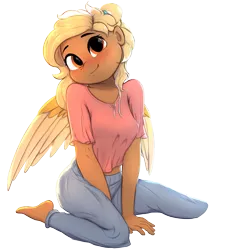 Size: 3351x3389 | Tagged: safe, artist:potato22, derpibooru import, oc, oc:mareota, unofficial characters only, anthro, pegasus, plantigrade anthro, pony, barefoot, blushing, breasts, clothes, complete nudity, denim, feet, female, high res, image, jeans, looking at you, mare, missing shoes, nudity, pants, png, simple background, smiling, smiling at you, solo, transparent background