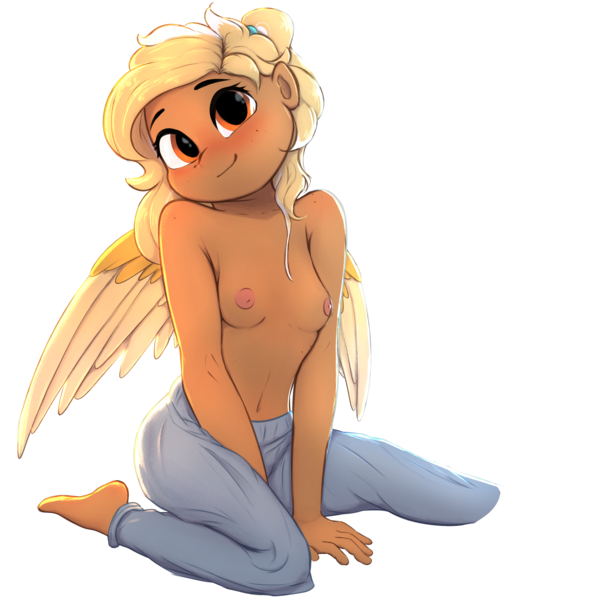 Size: 3351x3389 | Tagged: questionable, alternate version, artist:potato22, derpibooru import, oc, oc:mareota, unofficial characters only, anthro, pegasus, plantigrade anthro, pony, belly button, blushing, breasts, clothes, denim, female, high res, image, jeans, looking at you, mare, nipples, nudity, pants, partial nudity, partial nudity version, png, simple background, smiling, smiling at you, solo, solo female, topless, transparent background