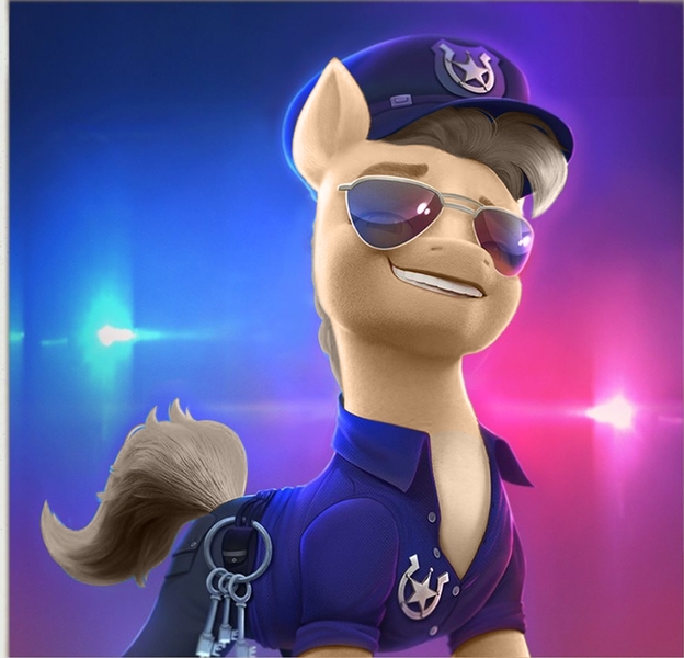 Size: 888x854 | Tagged: safe, artist:fuckomcfuck, derpibooru import, edit, edited screencap, screencap, oc, oc:all star, earth pony, pony, clothes, image, johnny cage, jpeg, key, police badge, police hat, police officer, police uniform, solo, sunglasses