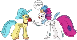 Size: 2967x1545 | Tagged: safe, artist:supahdonarudo, derpibooru import, princess skystar, queen novo, classical hippogriff, hippogriff, my little pony: the movie, angry, dialogue, flower, flower in hair, freckles, holding, image, mouth hold, png, pun, simple background, speech bubble, text, transparent background