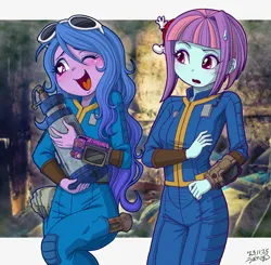 Size: 1000x978 | Tagged: safe, artist:uotapo, derpibooru import, izzy moonbow, sunny flare, equestria girls, g5, blushing, clothes, cute, duo, equestria girls-ified, fallout, female, folder, g4, heart, heart eyes, image, izzybetes, jpeg, jumpsuit, one eye closed, open mouth, rust, solo, solo female, sunglasses, sweat, sweatdrop, vault boy, vault suit, wingding eyes, wink, wrench