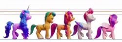 Size: 1280x439 | Tagged: safe, derpibooru import, edit, edited screencap, screencap, hitch trailblazer, izzy moonbow, pipp, pipp petals, sunny starscout, zipp storm, earth pony, pegasus, pony, unicorn, g5, braid, braided ponytail, chubby, coat markings, colored wings, concave belly, eyes closed, folded wings, group, height difference, image, jpeg, lidded eyes, long mane, looking at butt, looking forward, mane five, multicolored wings, physique difference, pipp is short, ponytail, quadrupedal, sash, satchel, scrunchie, side view, simple background, size comparison, slim, socks (coat marking), strut, strutting, thin, unshorn fetlocks, white background, wings