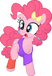 Size: 227x331 | Tagged: safe, artist:algoatall, ponerpics import, pinkie pie, earth pony, pony, bow, clothes, female, freckles, image, leg warmers, mare, open mouth, pigtails, png, raised hoof, shirt, simple background, smiling, solo, teenager, transparent background, younger